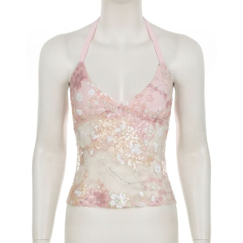 Dazzling Pink Sequin Halter V-Neck Top - Chic Night Out & Fall Event Ready