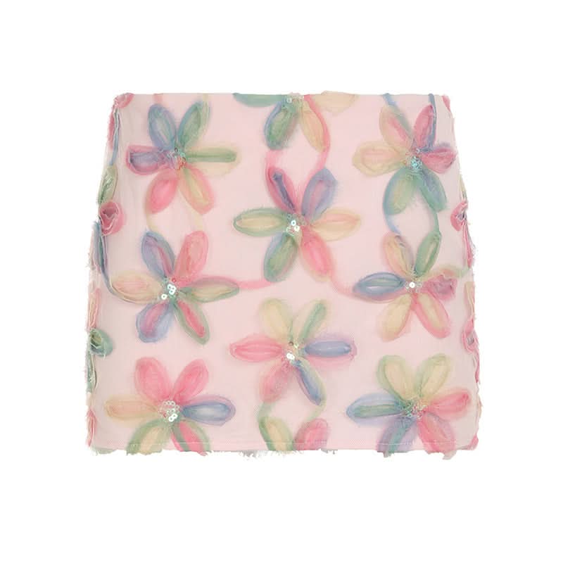 Whimsical Dream Pastel Floral Sequin Mini Skirt - Perfect for Fall Parties & Beyond