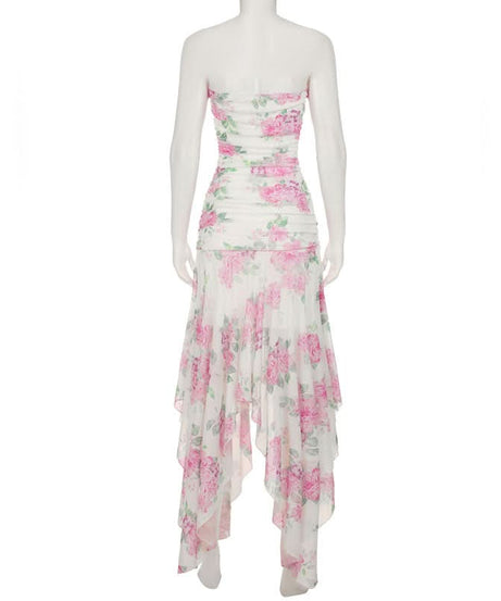Autumn Bloom Strapless Maxi Dress - Chic Pink Floral Ruched High-Low for Fall Events & Resort Getaways