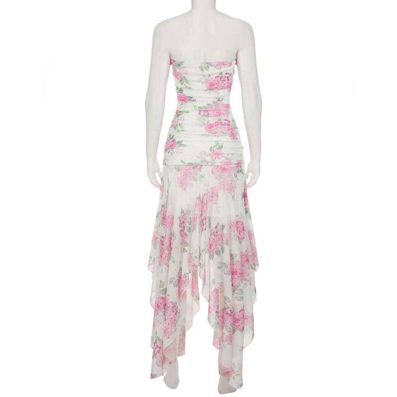 Autumn Bloom Strapless Maxi Dress - Chic Pink Floral Ruched High-Low for Fall Events & Resort Getaways