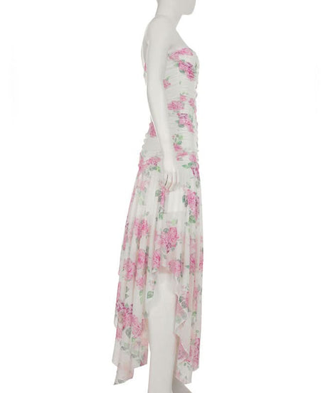 Autumn Bloom Strapless Maxi Dress - Chic Pink Floral Ruched High-Low for Fall Events & Resort Getaways
