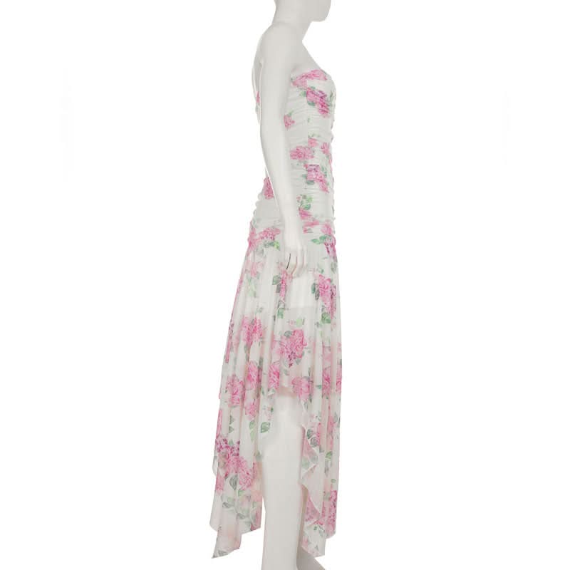 Autumn Bloom Strapless Maxi Dress - Chic Pink Floral Ruched High-Low for Fall Events & Resort Getaways