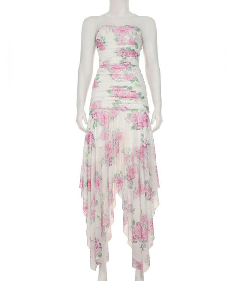 Autumn Bloom Strapless Maxi Dress - Chic Pink Floral Ruched High-Low for Fall Events & Resort Getaways