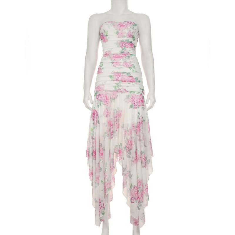 Autumn Bloom Strapless Maxi Dress - Chic Pink Floral Ruched High-Low for Fall Events & Resort Getaways