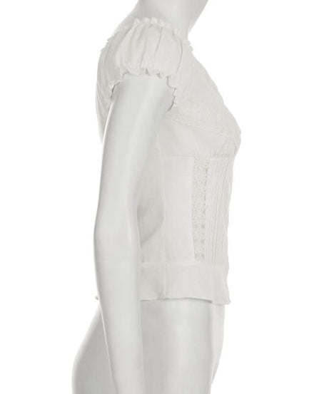 Autumn Dream: Romantic White Lace Puff Sleeve Blouse – Chic Button-Front Top for Fall & Holiday Gatherings