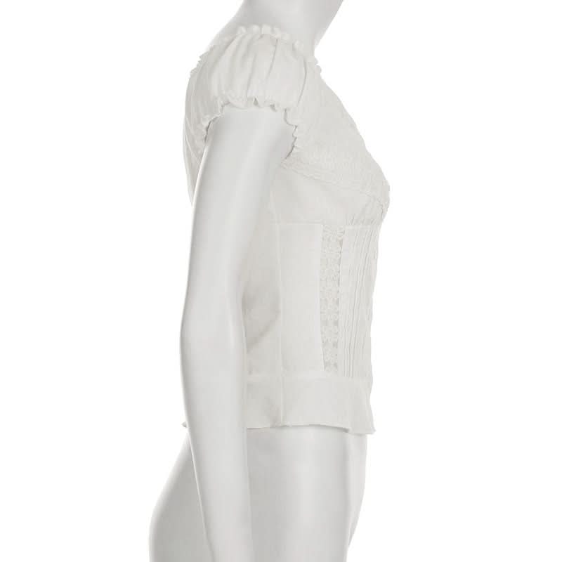 Autumn Dream: Romantic White Lace Puff Sleeve Blouse – Chic Button-Front Top for Fall & Holiday Gatherings