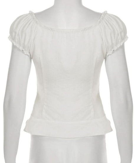 Autumn Dream: Romantic White Lace Puff Sleeve Blouse – Chic Button-Front Top for Fall & Holiday Gatherings