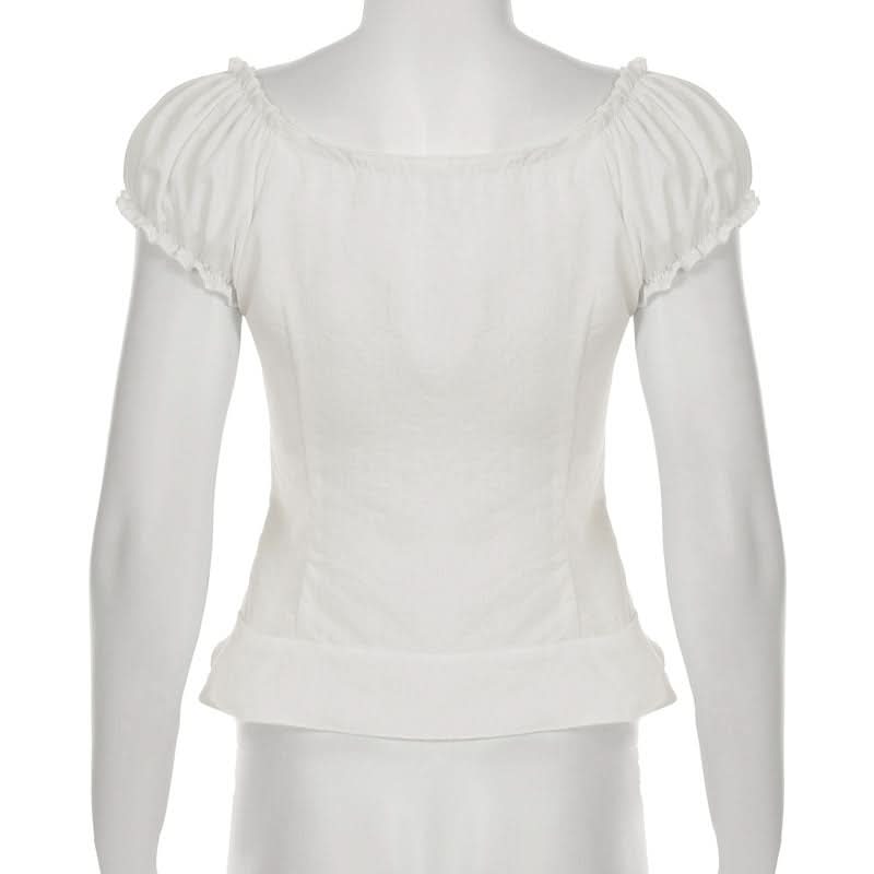 Autumn Dream: Romantic White Lace Puff Sleeve Blouse – Chic Button-Front Top for Fall & Holiday Gatherings