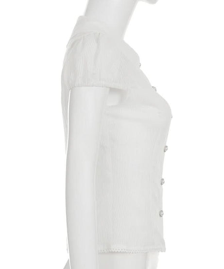 Chic Peter Pan Collar Puff Sleeve Blouse - Elegant White Button-Down for Fall & Beyond