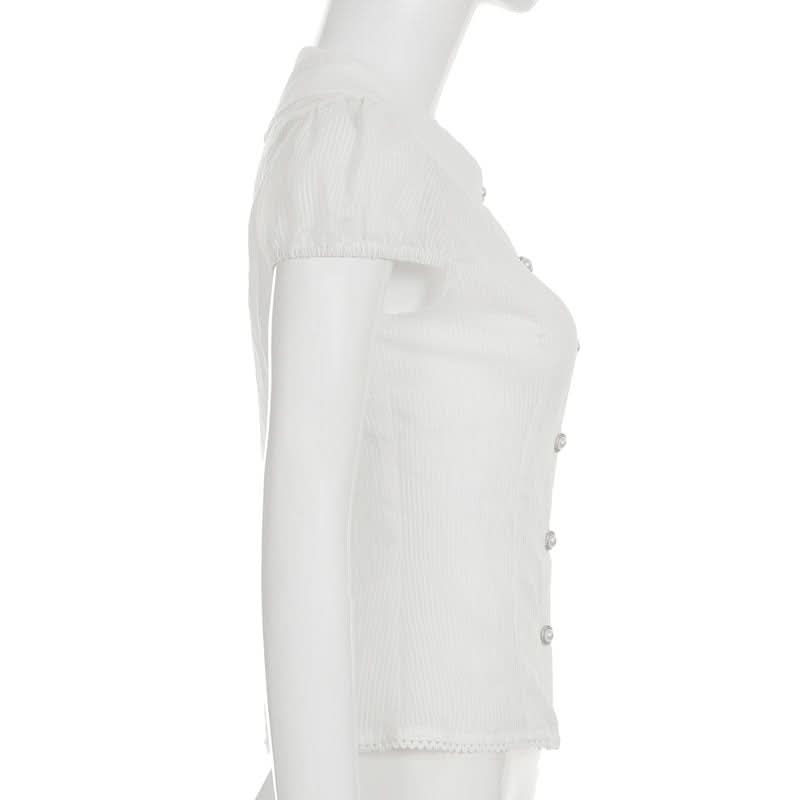 Chic Peter Pan Collar Puff Sleeve Blouse - Elegant White Button-Down for Fall & Beyond