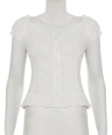 Chic Peter Pan Collar Puff Sleeve Blouse - Elegant White Button-Down for Fall & Beyond