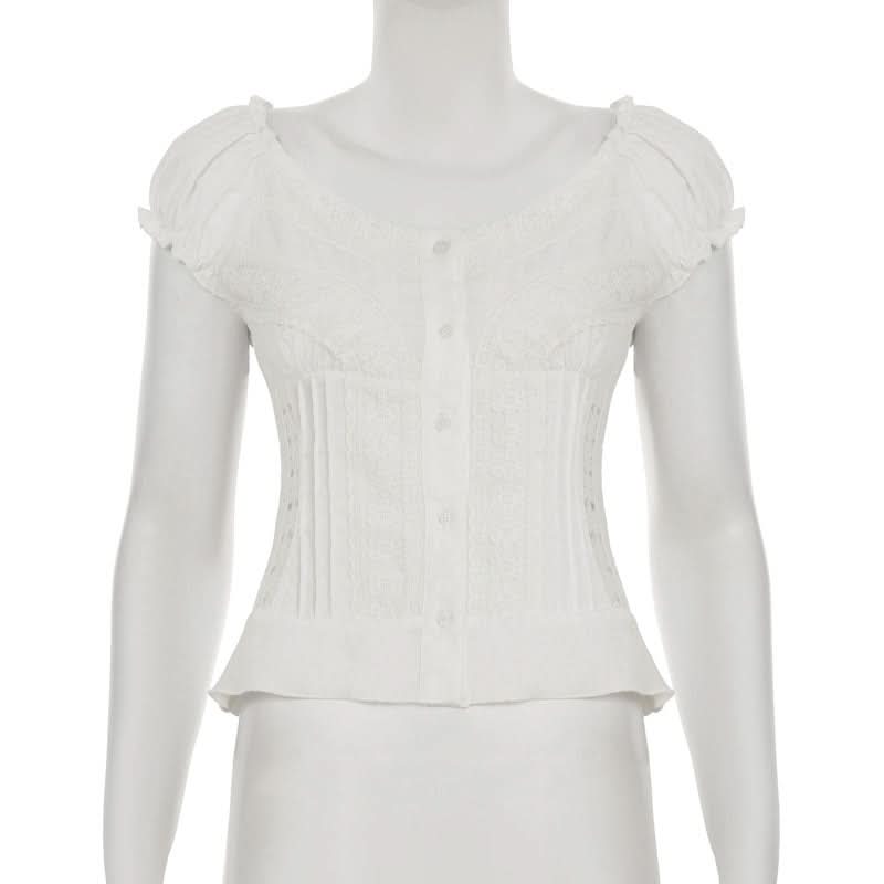 Chic Peter Pan Collar Puff Sleeve Blouse - Elegant White Button-Down for Fall & Beyond