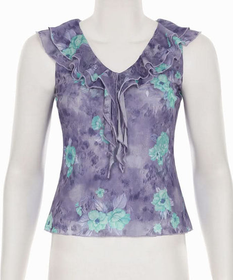 Autumn Bloom Ruffle V-Neck Top - Chic Floral Blouse for Effortless Fall Style