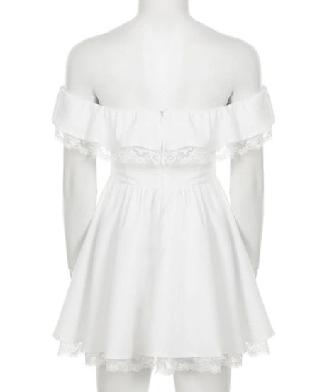 Autumn Romance: Chic Off-Shoulder Bow Mini Dress with Delicate Lace Hem