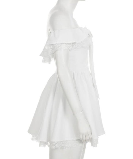 Autumn Romance: Chic Off-Shoulder Bow Mini Dress with Delicate Lace Hem