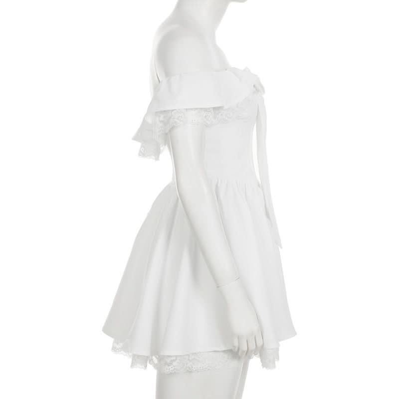 Autumn Romance: Chic Off-Shoulder Bow Mini Dress with Delicate Lace Hem