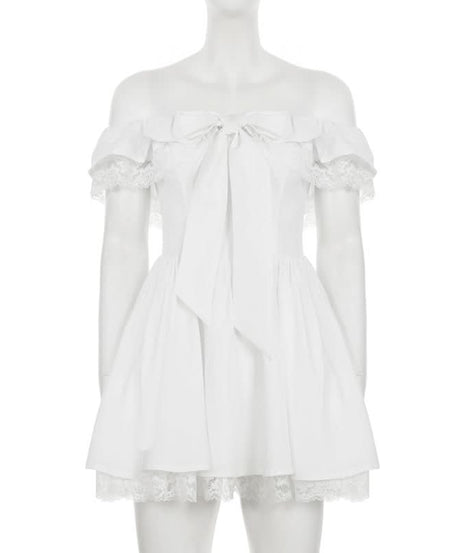 Autumn Romance: Chic Off-Shoulder Bow Mini Dress with Delicate Lace Hem