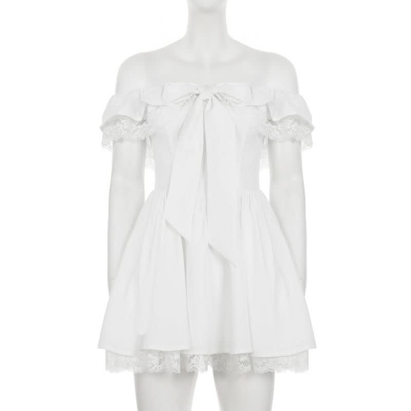 Autumn Romance: Chic Off-Shoulder Bow Mini Dress with Delicate Lace Hem