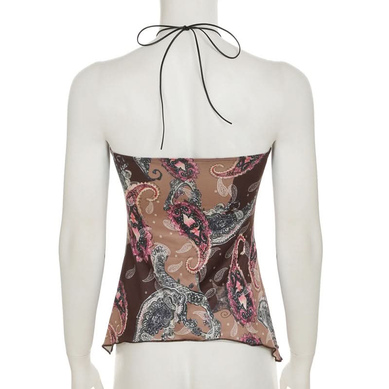 Women's Boho Paisley Halter Top | Beaded Keyhole & Flowy Hem for Effortless Fall Style