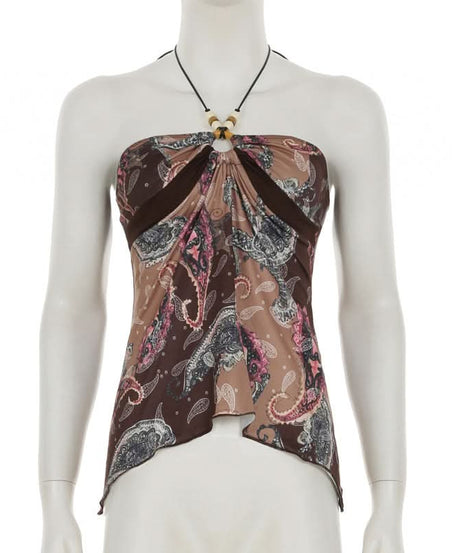 Women's Boho Paisley Halter Top | Beaded Keyhole & Flowy Hem for Effortless Fall Style