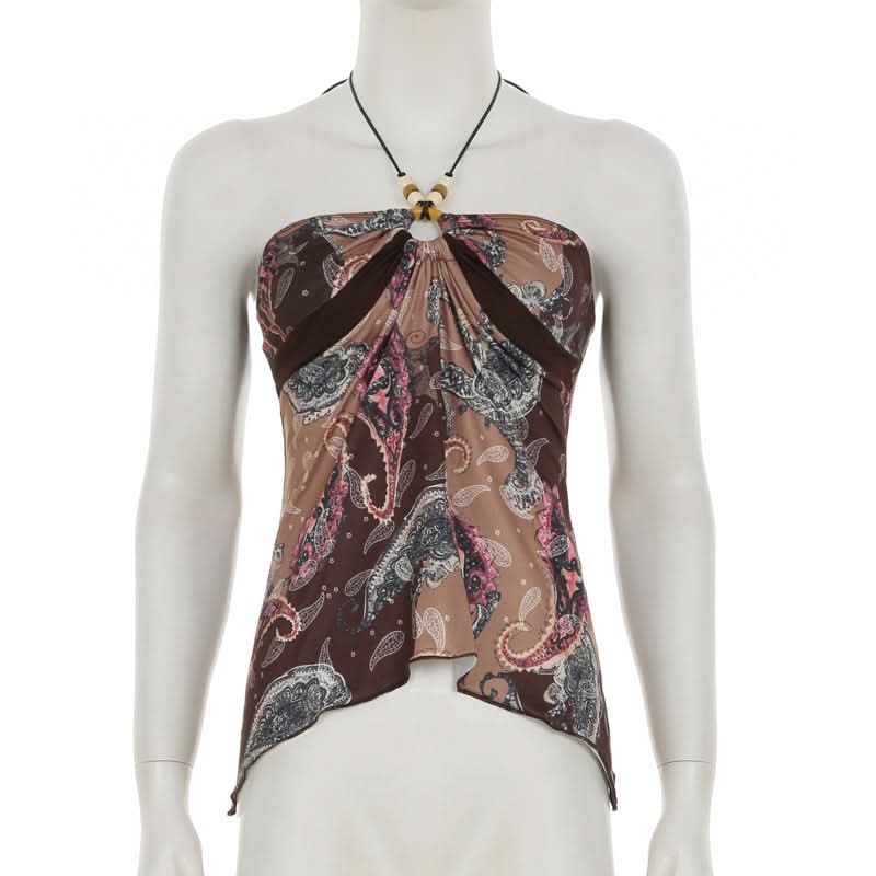 Women's Boho Paisley Halter Top | Beaded Keyhole & Flowy Hem for Effortless Fall Style
