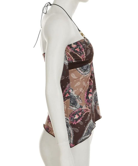 Women's Boho Paisley Halter Top | Beaded Keyhole & Flowy Hem for Effortless Fall Style