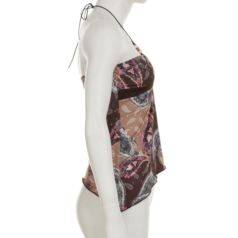 Women's Boho Paisley Halter Top | Beaded Keyhole & Flowy Hem for Effortless Fall Style