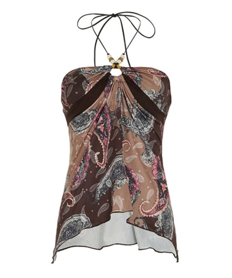 Women's Boho Paisley Halter Top | Beaded Keyhole & Flowy Hem for Effortless Fall Style