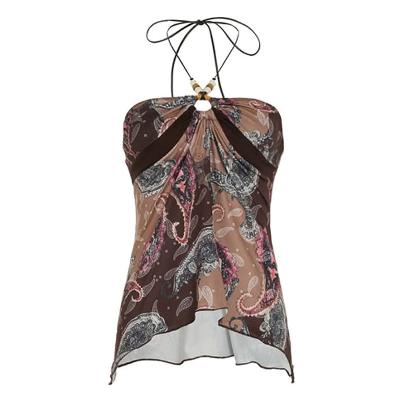 Women's Boho Paisley Halter Top | Beaded Keyhole & Flowy Hem for Effortless Fall Style