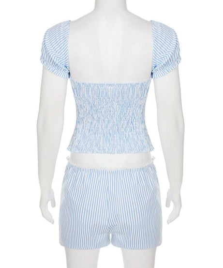 Chic Pinstripe Bow Loungewear Set | Smocked Puff Sleeve Top & Shorts for Cozy Fall Nights