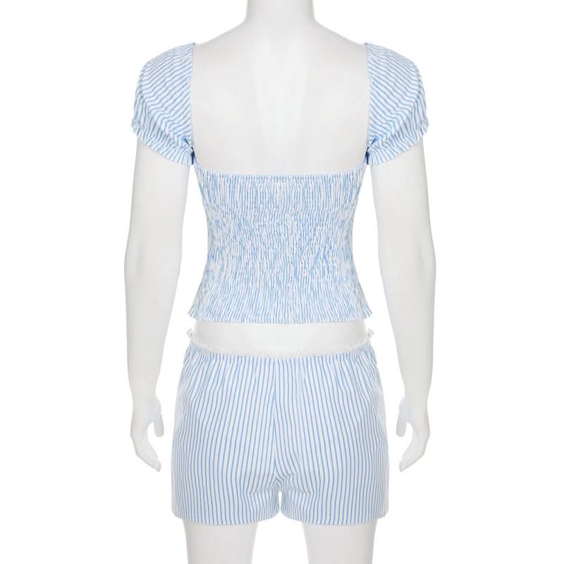 Chic Pinstripe Bow Loungewear Set | Smocked Puff Sleeve Top & Shorts for Cozy Fall Nights