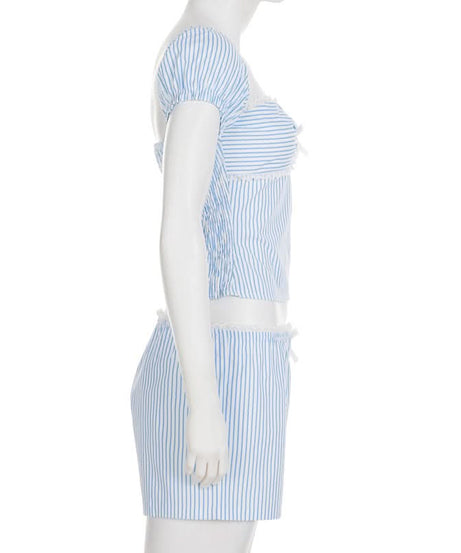 Chic Pinstripe Bow Loungewear Set | Smocked Puff Sleeve Top & Shorts for Cozy Fall Nights