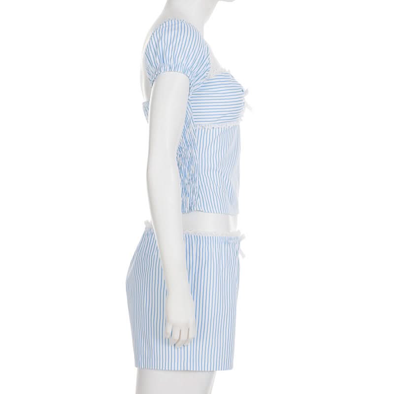 Chic Pinstripe Bow Loungewear Set | Smocked Puff Sleeve Top & Shorts for Cozy Fall Nights