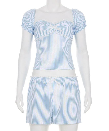 Chic Pinstripe Bow Loungewear Set | Smocked Puff Sleeve Top & Shorts for Cozy Fall Nights