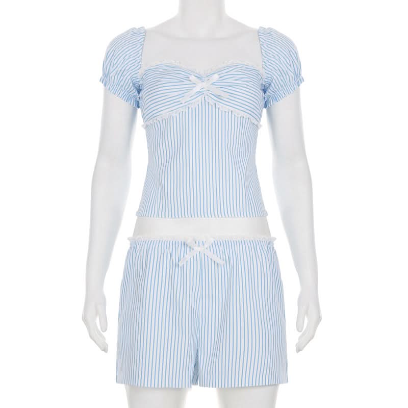 Chic Pinstripe Bow Loungewear Set | Smocked Puff Sleeve Top & Shorts for Cozy Fall Nights