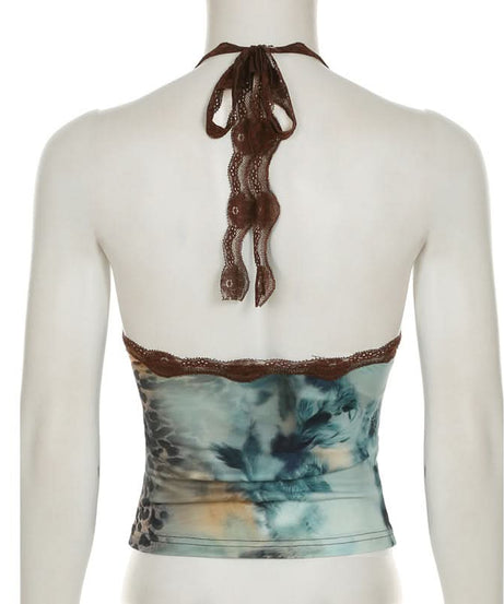Y2K Fall Flair: Abstract Print Lace Halter Top | Tie-Neck V-Neck Camisole