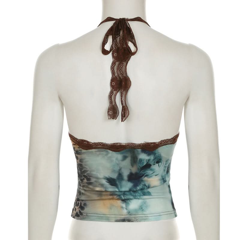 Y2K Fall Flair: Abstract Print Lace Halter Top | Tie-Neck V-Neck Camisole