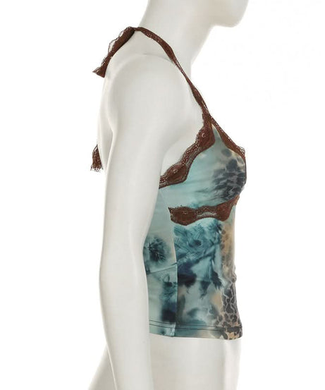 Y2K Fall Flair: Abstract Print Lace Halter Top | Tie-Neck V-Neck Camisole