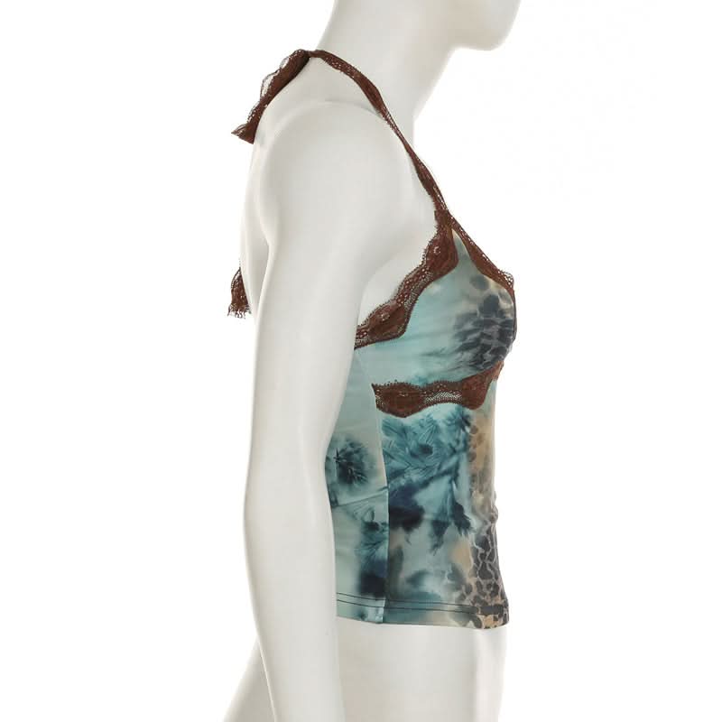 Y2K Fall Flair: Abstract Print Lace Halter Top | Tie-Neck V-Neck Camisole