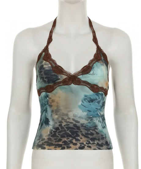 Y2K Fall Flair: Abstract Print Lace Halter Top | Tie-Neck V-Neck Camisole