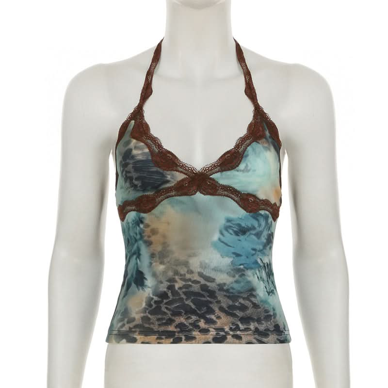 Y2K Fall Flair: Abstract Print Lace Halter Top | Tie-Neck V-Neck Camisole