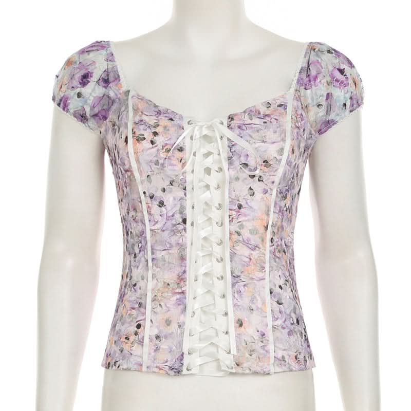 Autumn Bloom Lavender Floral Lace-Up Corset Top | Puff Sleeve Romantic Blouse