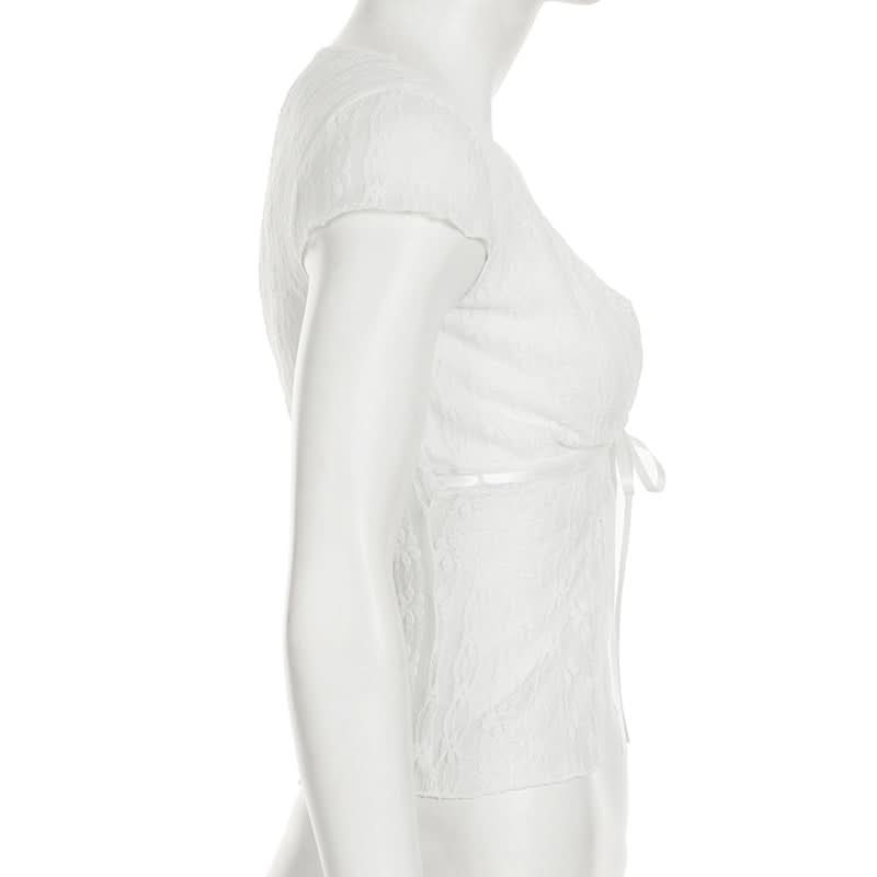 Romantic White Lace Tie-Front Top | Cap Sleeve V-Neck Blouse for Fall