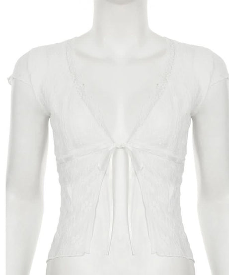 Romantic White Lace Tie-Front Top | Cap Sleeve V-Neck Blouse for Fall