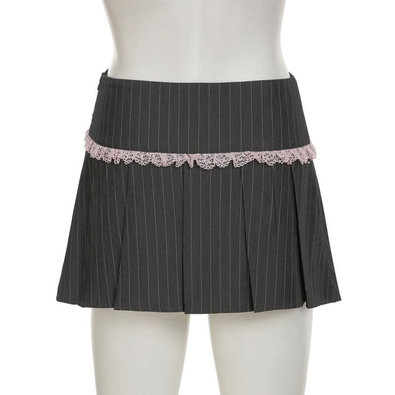 Fall Coquette Chic: Pinstripe Pleated Mini Skirt with Lace & Ribbon Detail – Perfect for Y2K & Halloween Style