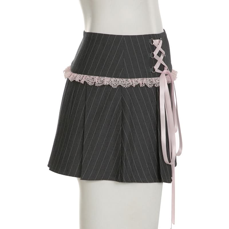 Fall Coquette Chic: Pinstripe Pleated Mini Skirt with Lace & Ribbon Detail – Perfect for Y2K & Halloween Style