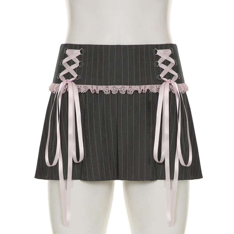 Fall Coquette Chic: Pinstripe Pleated Mini Skirt with Lace & Ribbon Detail – Perfect for Y2K & Halloween Style