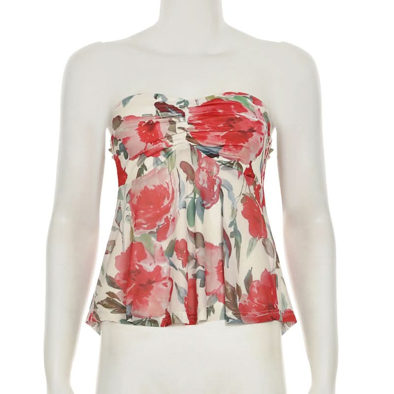 Vibrant Floral Ruched Tube Top - Chic Vacation & Resort Wear for Women
