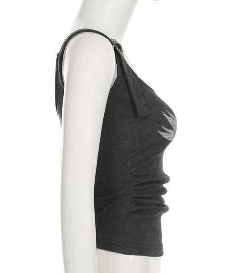 Gothic Wing & Cross Buckle Ribbed Tank Top - Edgy Fall & Halloween Style