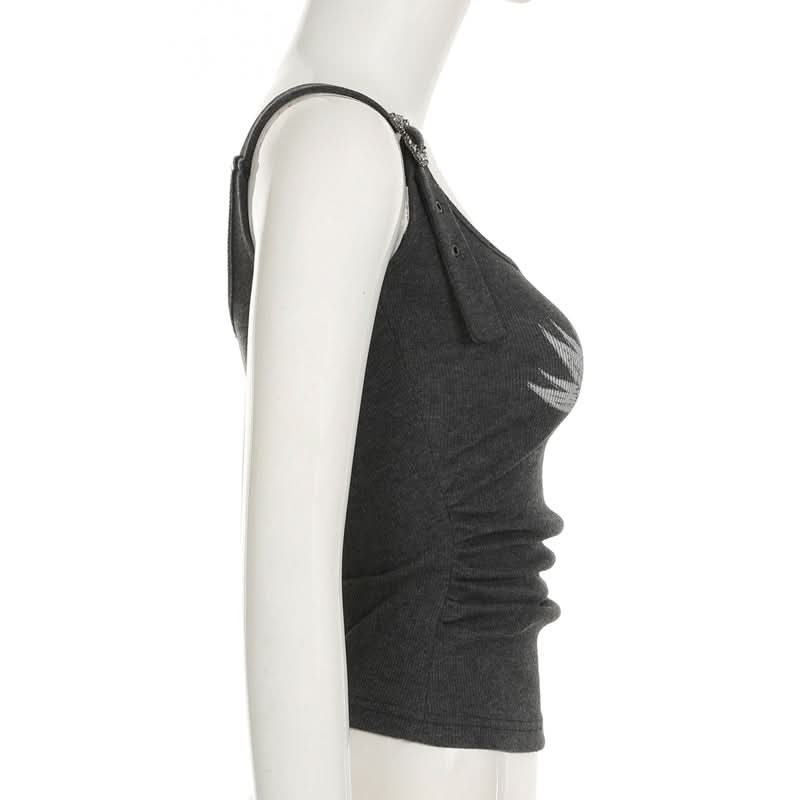 Gothic Wing & Cross Buckle Ribbed Tank Top - Edgy Fall & Halloween Style